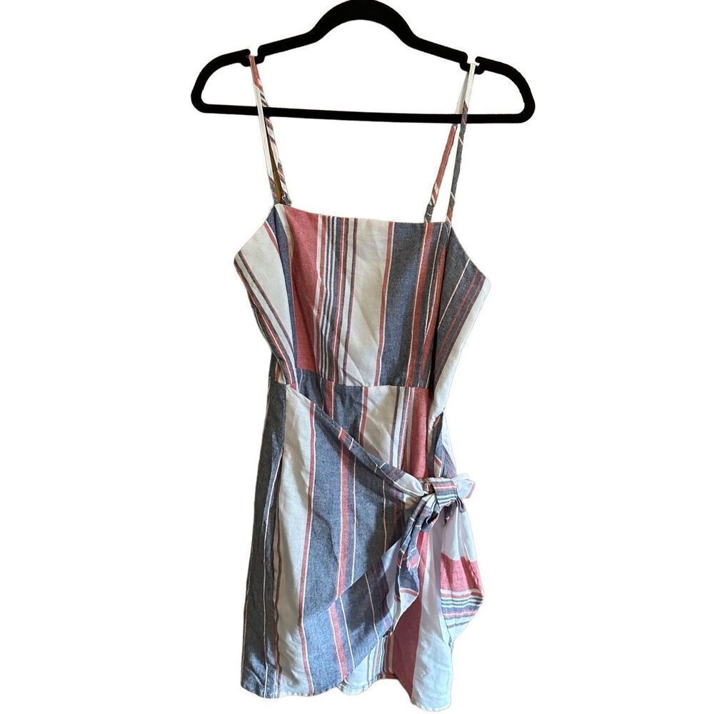 &Merci‎ red white blue striped faux wrap sleeveless dress L NEW
